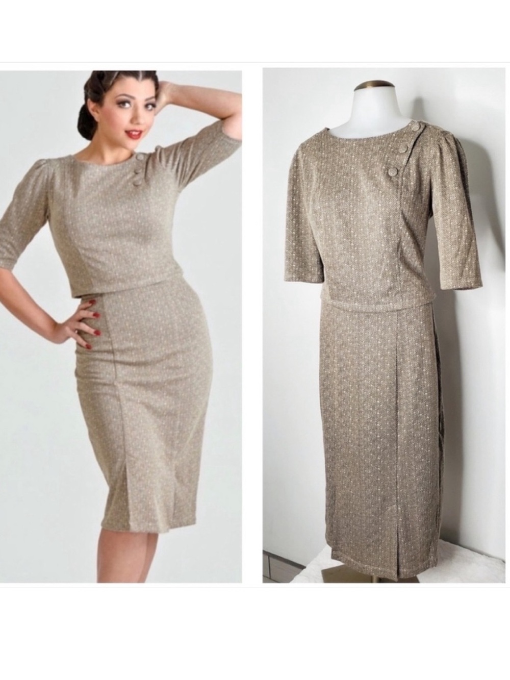 Stop Staring vintage retro pinup Gold-Beige Knit Two-Piece Skirt Set